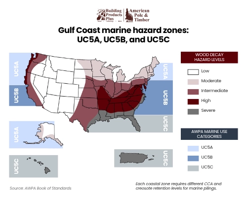 AWPA coastal zone map showing UC5C classification for marine pilings Gulf Coast projects in Texas and Louisiana
