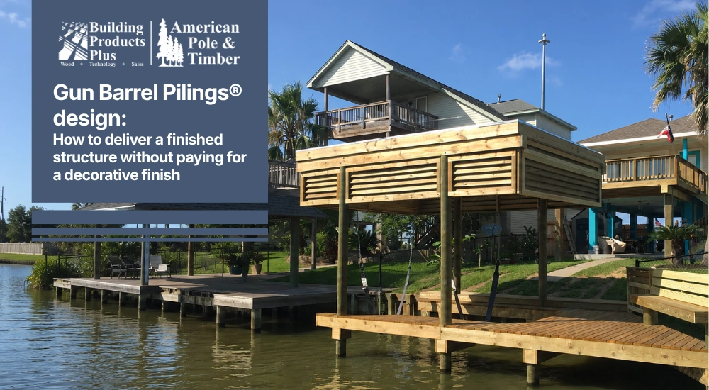 Gun Barrel Pilings design showing uniform round columns on a boathouse with clean sight lines and no decorative wrapping