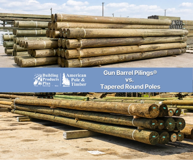 Gun Barrel Pilings design compared to tapered round pole showing uniform profile versus natural taper